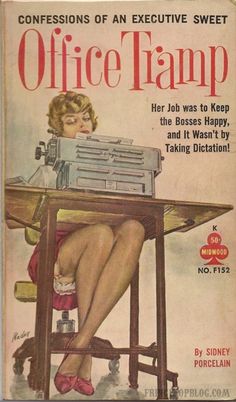 an old book with a woman sitting at a desk and typing on a typewriter