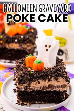 a slice of halloween graveyard poke cake on a plate