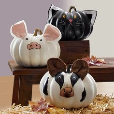 two pumpkins decorated to look like animals