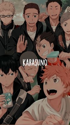 some anime characters are posing together for a photo with the caption karasuno