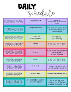 the daily schedule for each school year is shown in blue, pink and green colors