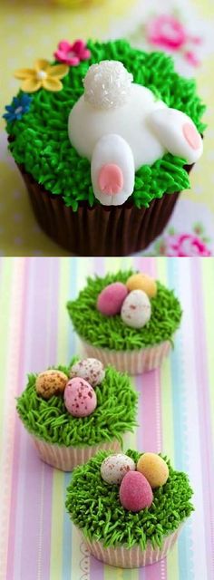 cupcakes decorated with grass and eggs are shown in the shape of an animal