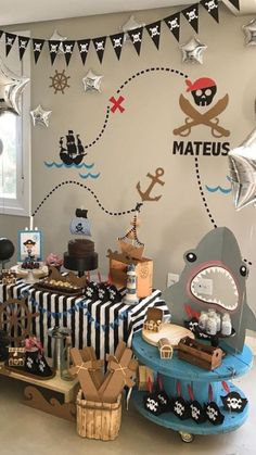 a pirate themed birthday party with cake and decorations