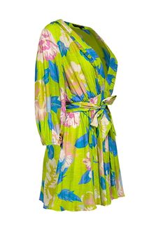 Add some fun flair to your wardrobe with this A Peace Treaty dress. Featuring a playful green, pink, and blue floral print, this viscose linen blend dress will make a colorful statement. The v-neckline and waist tie add a touch of dressiness, making it perfect for a summer day out. Style with an espadrille platform and raffia crossbody bag for a fun and flirty look. Size M 60% Viscose, 40% Linen Unlined Pullover V-neckline Waist tie sash Bust 36" Waist 28" Shoulder to hem 33" Sleeve length 19" Green V-neck Mini Dress For Summer, Spring Vacation A-line Floral Dress, Green V-neck Summer Mini Dress, Multicolor Knee-length Floral Dress For Spring, Green Mini Dress For Summer Garden Party, Green A-line Mini Dress For Spring, Chic Green V-neck Floral Dress, Printed Green Mini Dress For Beach, Green Printed Mini Dress For Beach