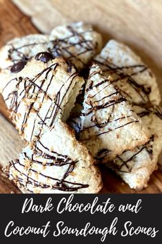 cookies with chocolate drizzled on them and the words dark chocolate and coconut sourdough stones