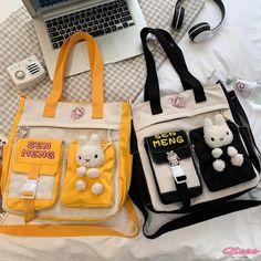 Qteee - Adorable Cartoon Character Square Canvas Crossbody Bag Kawaii School Bag With Pockets, Kawaii Large Capacity Crossbody Bag, Casual Yellow Portable Bag, Yellow Pouch Shoulder Bag For School, Kawaii Travel Bag With Pockets, Cute Rectangular Bag With Pockets, Cute Yellow Crossbody Bag, Portable Tote Shoulder Bag For School, Kawaii Tote Bag With Adjustable Strap