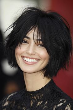 Click for MoreSave for Later ❤️Dramatic blunt layers give this jet black bob an edgyhigh-fashion feelThe richdark color adds depth and shinemaking it perfect for striking minimalistic styles(Jet Black Shaggy Bob with Blunt LayersShort Shaggy Bob Hairstyles)