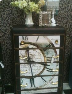 a black and white checkered floor with a clock on it's sideboard