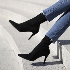 Elluis - Premium Suede Ankle Boots featuring Sleek Pointed Toe and Sturdy Chunky Winter Heels Winter Heels, Pointed Heels, Suede Ankle Boots, Suede Shoes, High Heel, Heel Height, Ankle Boots, High Heels, Sleek