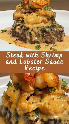 steak with shrimp and lobster sauce recipe on a white plate in front of a brown background