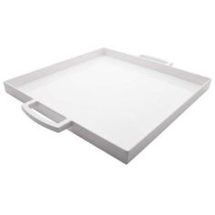 an empty white tray with handles on the top and bottom, sitting on a white surface