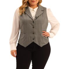 Featuring a unique jacquard design, this vintage vest adds a touch of elegance to your outfit. The button-up front provides a secure fit, while the V-neckline enhances your femininity and sophistication. This vest is designed to fit perfectly on plus-size women, providing a flattering silhouette that enhances your confidence and personality. It is versatile enough to be paired with a variety of different outfits. You can wear it over a dress for a steampunk-inspired look or pair it with jeans an Plus Size Vest Pattern, Fall Office Vest With Button Closure, Fitted Fall Vest With Snap Buttons, Fitted Button-up Vest With Buttons, Retro Fall Vest With Buttons, Fitted Retro Vest With Button Closure, Retro Fitted Vest With Button Closure, Fitted Denim Vest With Snap Buttons, Retro Workwear Vest With Button Closure