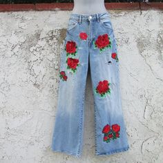 Brand New W/O Tag Hand Applied Flower Appliques Wide Large, High Waist Top Opening 32" Rise 11.5" Inseam 28" Flower Pants Diy, Red Relaxed Fit Denim Jeans, Red Denim Jeans With Relaxed Fit, Red Denim Jeans For Spring, Red Jeans For Spring, Mexican Floral Pattern, Senior Pants, Cute Vacation Outfits, Christmas Hair Accessories