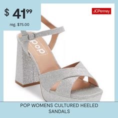 These Pop women's Cultured heeled sandals are a glam showstopping style for a special event. Featuring a gold-tone glitter base and strappy open-toe design, this pair has a high platform heel and an ankle strap closure. Wear them with a mini dress or skinny jeans and a satin cami.Features: GlitterClosure Type: BucklePlatform Shoe Height: 1 InchShoe Heel Height: 2 InchesUpper/Outer Base Material: 100% PolyesterShoe Lining Material: PolyurethaneSole Material Content: 60% Polyester, 40% Polyuretha… Sandals Glitter, Satin Cami, Platform Heel, Toe Designs, Heeled Sandals, Platform Heels, Special Event, Ankle Strap, Open Toe