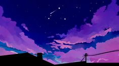 the sky is filled with purple clouds and stars as well as some dark blue buildings