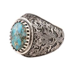 Men's Oval Composite Turquoise Ring from India - Intricate Style | NOVICA Simple Black Tops, Beaded Pendant Necklace, Circle Ring, Citrine Stone, Oxidized Sterling Silver, Jewelry Packaging, Fashion Summer, Beaded Pendant, Jewelry Gift Box