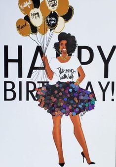 a woman holding balloons with the words happy birthday written on it and an image of her