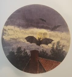 an image of bats flying in the night sky over rooftops with trees and clouds