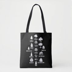 a black and white tote bag with different types of trees on the front side