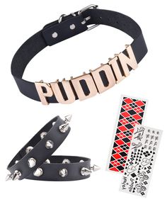 PRICES MAY VARY. Harley Choker Set:You can receive a quinn choker and a pair of spike bracelets and 2 sheet quninn tattoo stickers.The choker lenther 17.1 inches and the studded bracelet lenther 9.4 inches.tattoo stickers L*W 3.3*9 inches.It is comfortable,soft,and adjustable in length. It is suitable for most people to wear,and it is recommended for people aged ten and above. Punk Design:HQ temporary tattoo stickers,letter puddin necklace,rivets bracelets,metallic luster,cool gothic jewelry,mat Trendy Black Jewelry For Cosplay, Edgy Costume Accessories For Halloween Cosplay, Edgy Halloween Cosplay Costume Accessories, Puddin Choker, Harley Cosplay, Goth Prom, Necklace Tattoo, Spike Bracelet, Women Choker Necklace