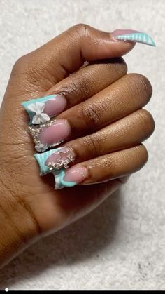 Nail Art Designs Pink And Blue, Light Blue With Glitter Nails, Baby Nail Designs, Nail Inspo With Bow, Blue Nails Rhinestones, Birthday Blue Nails, Blue Kaws Nails, Blue Nail Inspired, Green Nails Acrylic Short