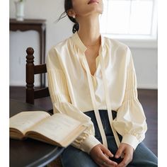 Lasaky - Button-Up Shirt with Stand Collar and Tie Detail, Loose Fit Bubble Sleeve Blouse Mock Neck Blouse, Bubble Sleeve, Sleeves Clothing, Fashion Seasons, Cardigan Tops, Types Of Collars, Stand Collar, Mock Neck, Sweater Shirt