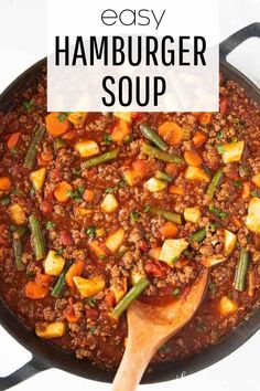 easy hamburger soup in a skillet with a wooden spoon on the side and text overlay