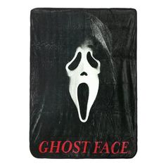 a ghost face on a black background with the words ghost face written in red and white