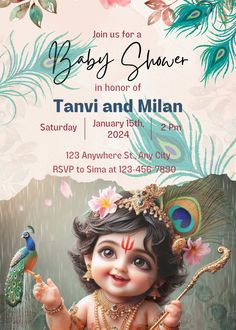 Make your event special with this Baby Krishna themed baby shower invite for Indian events. Cute, smiling baby Krishna photo is ideal to add a festive and motherly touch to your baby shower event. Indian Baby Shower Invitations, Happy Birthday Krishna, Indian Baby Shower Decorations, Gender Reveal Baby Shower Themes, Newborn Quotes, Indian Baby Showers, Baby Shower Invitations Design, Indian Baby, Baby Shower Invitation Cards