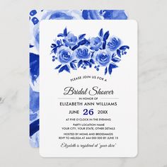 a blue and white floral bridal shower card