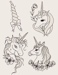 four different unicorns with flowers on their heads