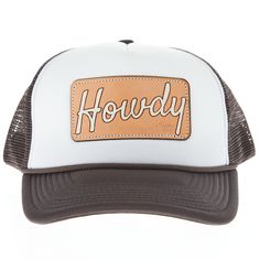 McIntire Saddlery White front Grey mesh back and bill Adjustable "Howdy" patch MS-CAP61 Howdy patch cap from McIntire Saddlery perfect for everyday wear. Brown Trucker Hat With Letter Patch And Flat Bill, Adjustable White Trucker Hat With Leather Patch, Brown Trucker Snapback Hat With Letter Patch, Trucker Hat With Letter Patch, White Trucker Hat With Leather Patch, White Snapback Trucker Hat With Leather Patch, Brown Trucker Hat With Patches, Gray Trucker Baseball Cap Six-panel, Khaki Trucker Hat, One Size