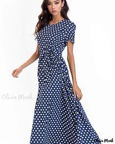 OliviaMark - Womens Elegant Polka Dot Print Short Sleeve Beach Dress with Elastic Waist and Round Neckline Halter Backless Dress, Printed Beach Dresses, Flair Dress, Polka Dots Fashion, Polka Dot Shorts, Camisole Dress, Evening Gowns Elegant, Sophisticated Dress, Crewneck Dress