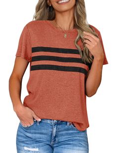 PRICES MAY VARY. Soft Material: This short sleeve top is made of 60% Polyester+35% Rayon+5% Spandex, lightweight, stretchy, breathable and skin friendly Unique Design: Round neck, short sleeves, basic tops with stripes on the front, color block, curved hemline, loose fit tshirts, tunic length, casual; This summer tee is easy to pair with jeans, shorts, leggings, sandals, heels or wedges for a simple and stylish look Occasion: The casual loose shirts are suitable for daily wear, work, shopping, p Color Block Shirts, Womens Summer Shorts, Short Women Fashion, Casual Summer Tops, Women's Casual Style, Womens Crewneck, Casual Summer Shirts, Loose Shirts, Summer Tee