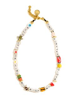 Feel invincible with our "No Risk, No Magic" necklace! Made of a mix of mushroom, alien, daisy, yin-yang, soda, and smiley charms, this piece of jewelry will have you feeling like you can take on the world! Guaranteed to keep you safe and stylish. 🧙‍♂️🧙‍♀️ 17" Ceramic and glass charm necklace 1.5" extension Lobster clasp closure Gold plated brass hardware Pave rhinestones Handmade in New York City and Puerto Rico. Due to the handmade nature of our products, some charms may vary in color and st Mushroom Alien, No Risk No Magic, Cosmic Necklace, Magic Necklace, Dope Jewelry Accessories, Jewelry Accessories Ideas, Dope Jewelry, Funky Jewelry, Jewelry Lookbook