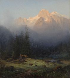 a painting of a mountain scene with cows grazing in the foreground and trees on the far side