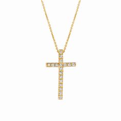 Pave Style Code# N5385.15YD_NK Chain: 16 inches or 18 inches Setting: Pave Dimensions: 11/16 inch in height, 7/16 inch in width Diamond 1: Diamond Shape 1: Round Qty of Diamond 1: 18 Setting 1: Pave Total Dia Weight: 0.15 Clarity: SI2 Color: G-H Gold Karat: 14K Color 2: Yellow Approxe WT Grams: 1.6 Diamond Cross Necklace, Diamond Jewelry Store, Rose Gold Chain, Diamond Cross, Best Diamond, Diamond Shape, Exquisite Jewelry, Color 2, Jewelry Trends