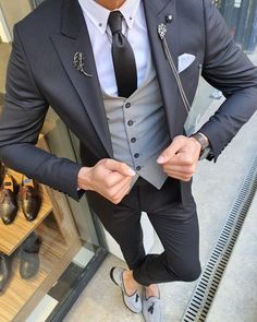 Bojo Pivas Black Slim Fit Pinstripe Suit-baagr.myshopify.com-suit-BOJONI Men Outfits Swag, Man Ootd, Black Suit Vest, Stylish Mens Haircuts, Tekken 3, Flower Pocket, Suit Clothes, Stylish Mens Suits, Blazer Outfits Men