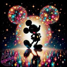 the mickey mouse is dancing in front of some colorful stars and sparkles on a black background