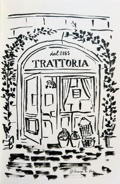 a black and white drawing of a store front with the words tratteria on it