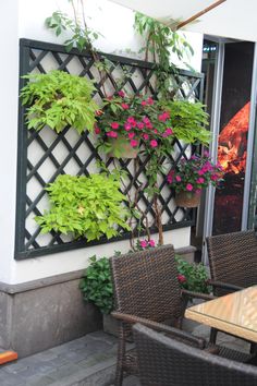 an outdoor dining area with wicker chairs and plants on the wall, along with tables and chairs