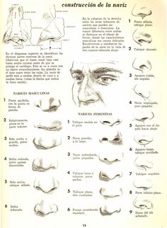 an old book with instructions on how to draw the nose and eyebrows in spanish language