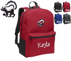 "This Item includes: ► Kids Canvas Backpack in the Color of your choice ► Embroidered Name of Your Choice ► Skunk Embroidery Design Smooth Vinyl interior for EASY cleanup. With its retro shape, protective padding and a laptop sleeve, we've packed a lot of features--and value--into this backpack. Measurements: 16 1/2\" High x 12\" Wide x 5\" Deep, Approx. 990 Cubic Inches Backpack Features: ► 600 Denier Polyester Canvas ► Web top handle ► Ergonomic padded shoulder straps ► Laptop sleeve dimension Red Standard Backpack For School Events, School Backpack With Embroidered Logo, Standard Backpack With Embroidered Logo For Daily Use, Daily Use Backpack With Embroidered Logo, Kids School Gifts, Personalized Backpack Kids, Vinyl Interior, Web Top, Kids Canvas