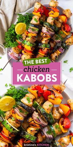 the best chicken kabobs on a white plate