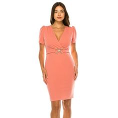 Product Description: Introducing our stylish Women's V-neck Sheath Dress, designed to make a statement from the boardroom to dinner parties. This dress features an elegant V-neckline, accentuated by a chic buckle that adds a touch of sophistication to the ensemble. The puff sleeves provide a modern twist to the classic sheath silhouette, creating a balanced look that flatters any figure. Crafted from high-quality fabric, this dress offers both comfort and style. Whether you're presenting at a bu V-neck Bodycon Dress For Office, V-neck Bodycon Office Dress, Feminine V-neck Bodycon Dress For Formal Occasions, Formal Feminine V-neck Bodycon Dress, Knee-length V-neck Dress For Office, Elegant V-neck Bodycon Dress For Office, V-neck Mini Dress For Office Wear, Formal V-neck Dress With Puff Sleeves, Fitted V-neck Dress With Puff Sleeves