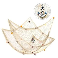 three white fishing nets with various colored beads on them and a circular sticker in the middle