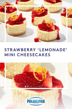 strawberry lemonade mini cheesecakes on a white plate