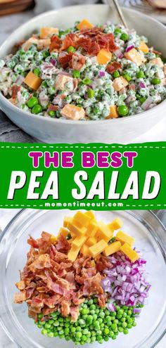 Looking for 4th of July BBQ party ideas? Here's an easy summer salad! It's a classic side dish for BBQs. Tossed in a zesty, creamy dressing with bacon, cheddar, and onion, this old-fashioned pea salad recipe is the BEST! Best Pea Salad, Pea Salad With Bacon, Easy Picnic Food, 4th July Food, Memorial Day Foods, 4th Of July Food, Side Dishes For Bbq, Lake Food Ideas Summer, Lake Food Ideas