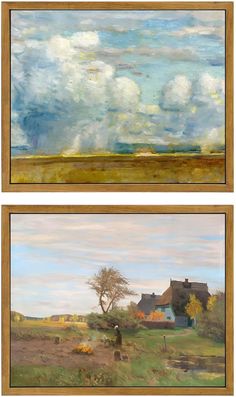 two paintings of houses and clouds in the sky