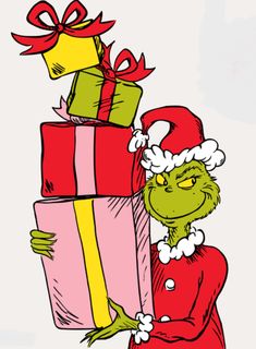 the grinch is holding a large stack of presents